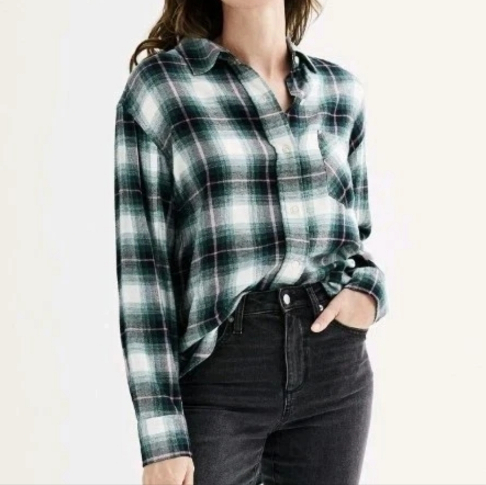 Sonoma Oversized Fit Button Plaid Flannel Button Up Shirt